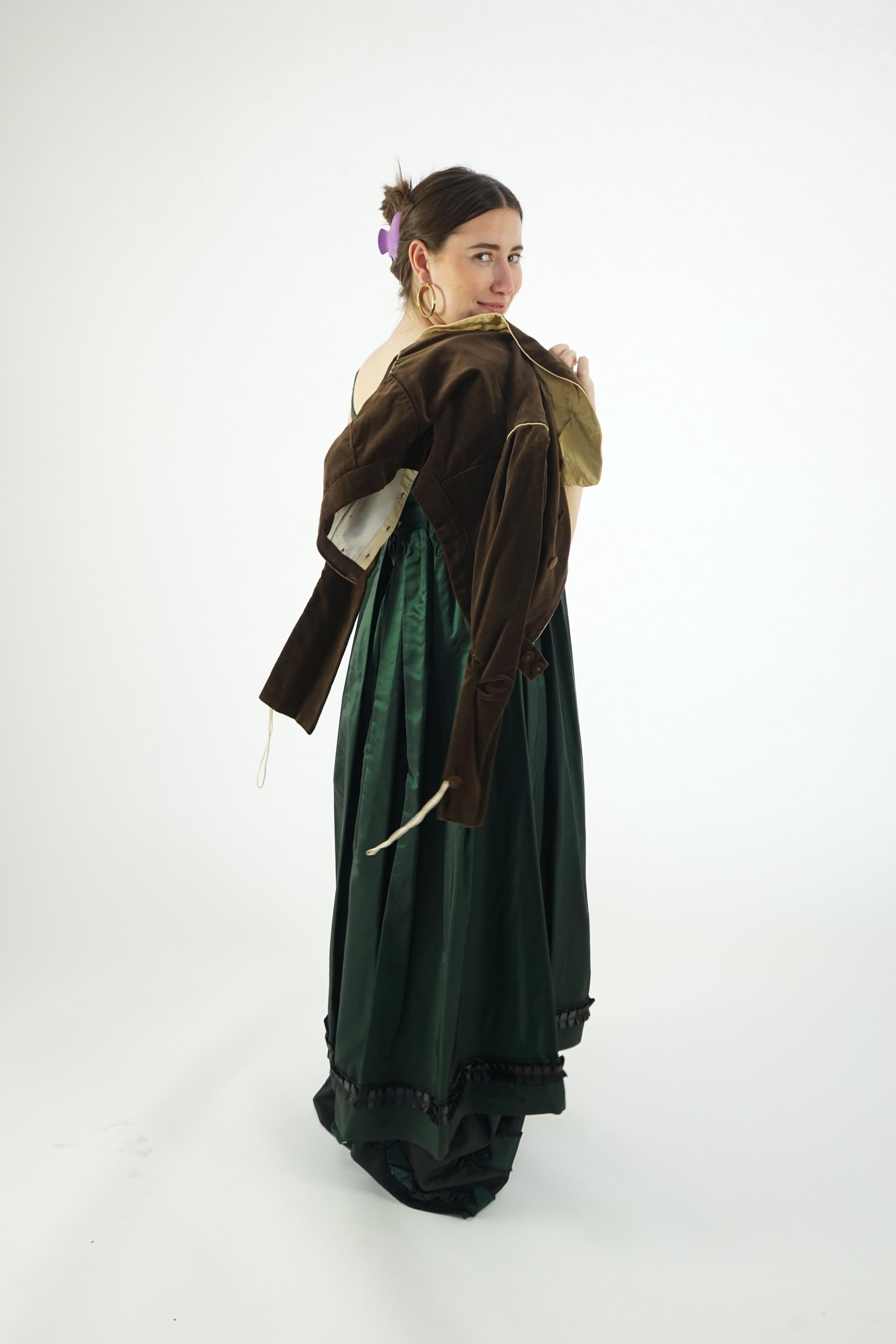 Two lady's Regency style day dresses (1 x dark green taffeta dress with brown short jacket and 1 x bottle green fine cord day dress and short matching jacket)., Ex Carl Rosa Opera Company.